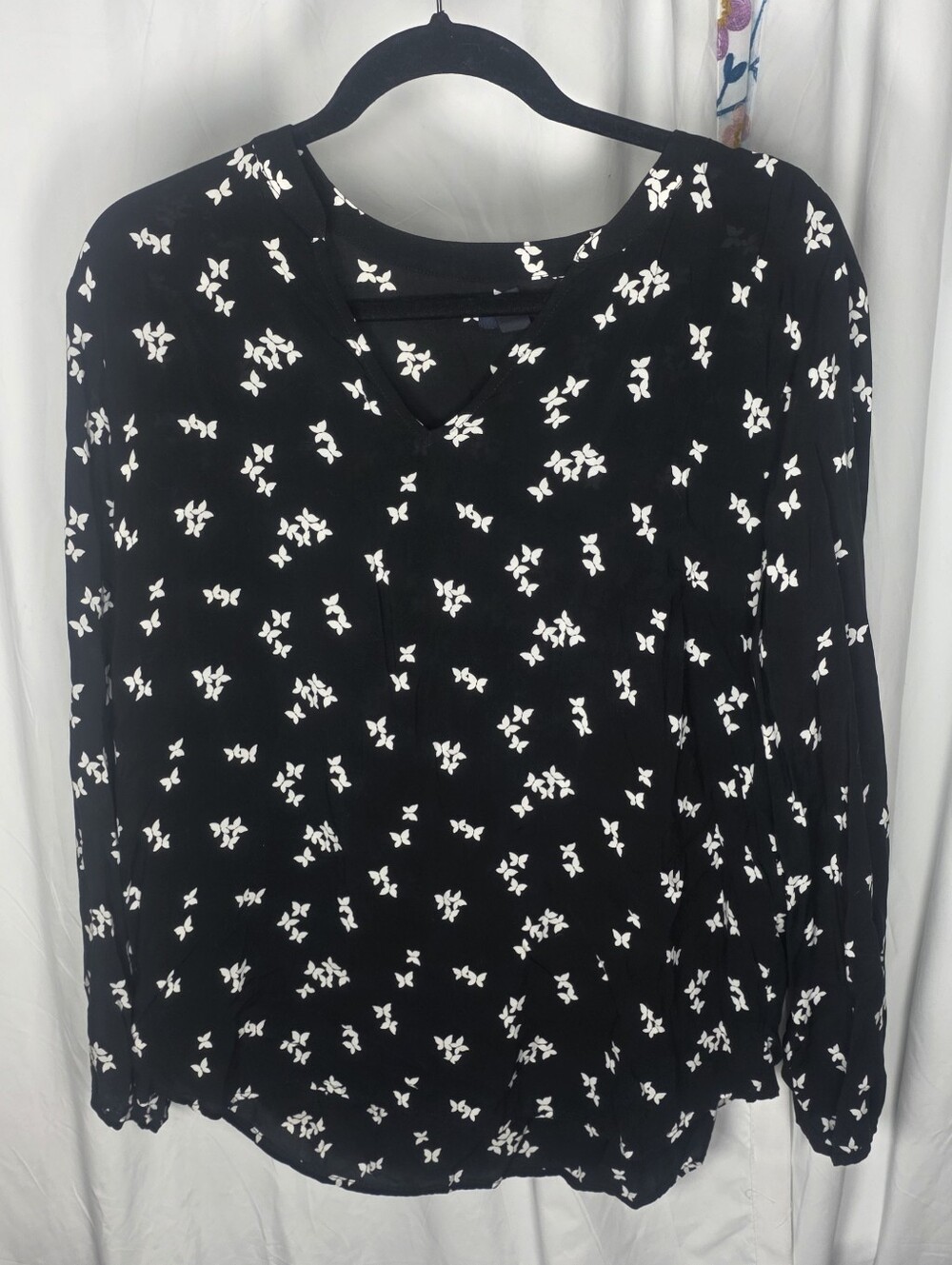 GAP Semi-Sheer Black Long-Sleeve Top with White Butterfly Print
